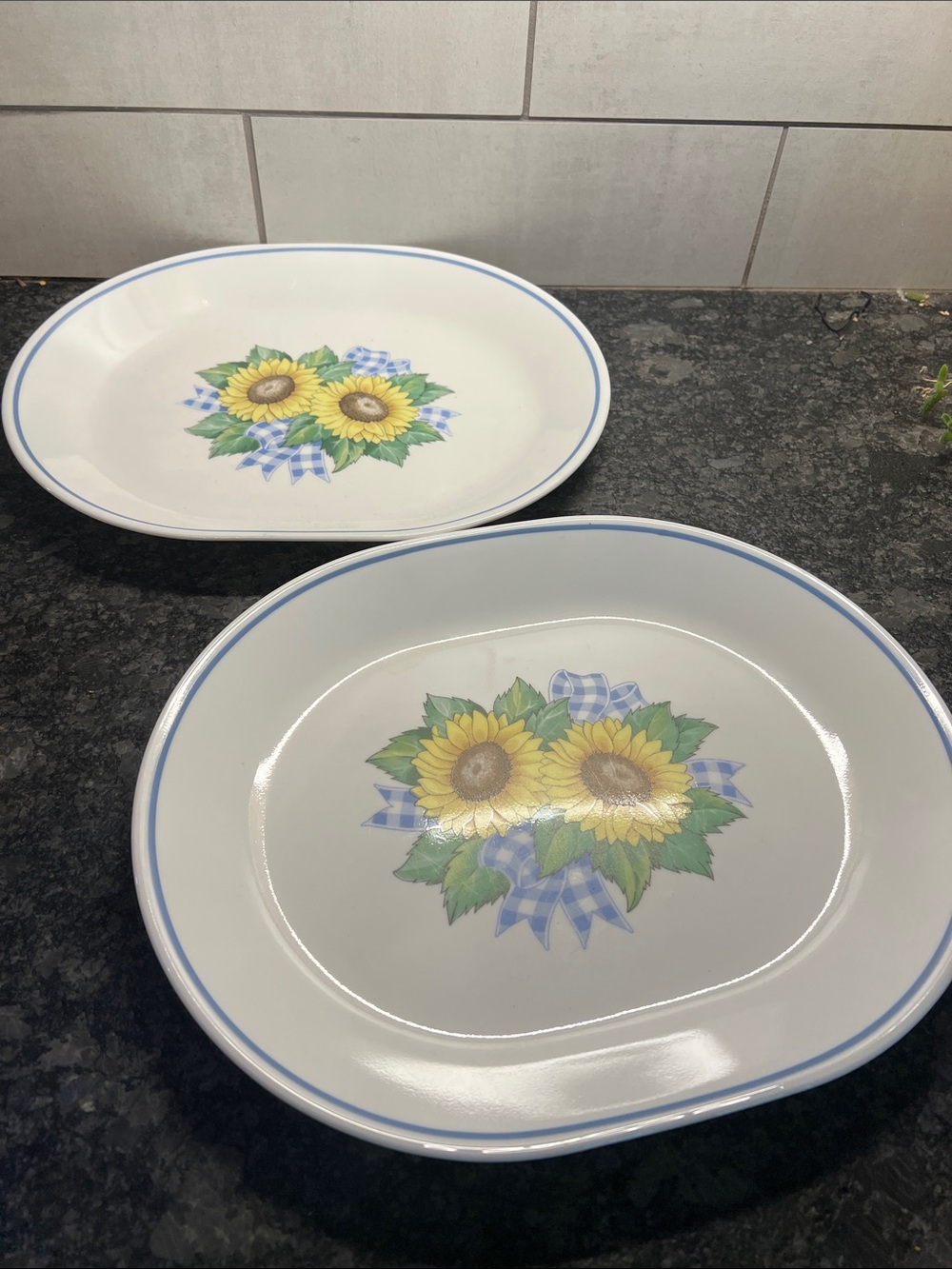 Corelle Sunflower Dinner Plates with Blue Trim
